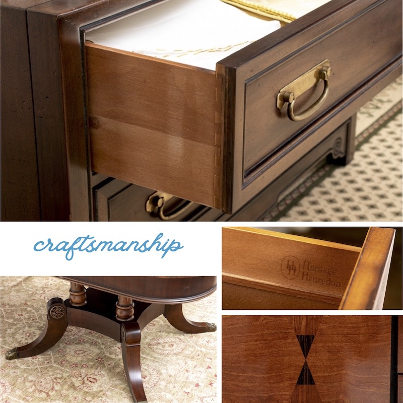 Examples of henredon furniture craftsmanship include dovetail joinery, beautifully carved elements, and pretty inlays.